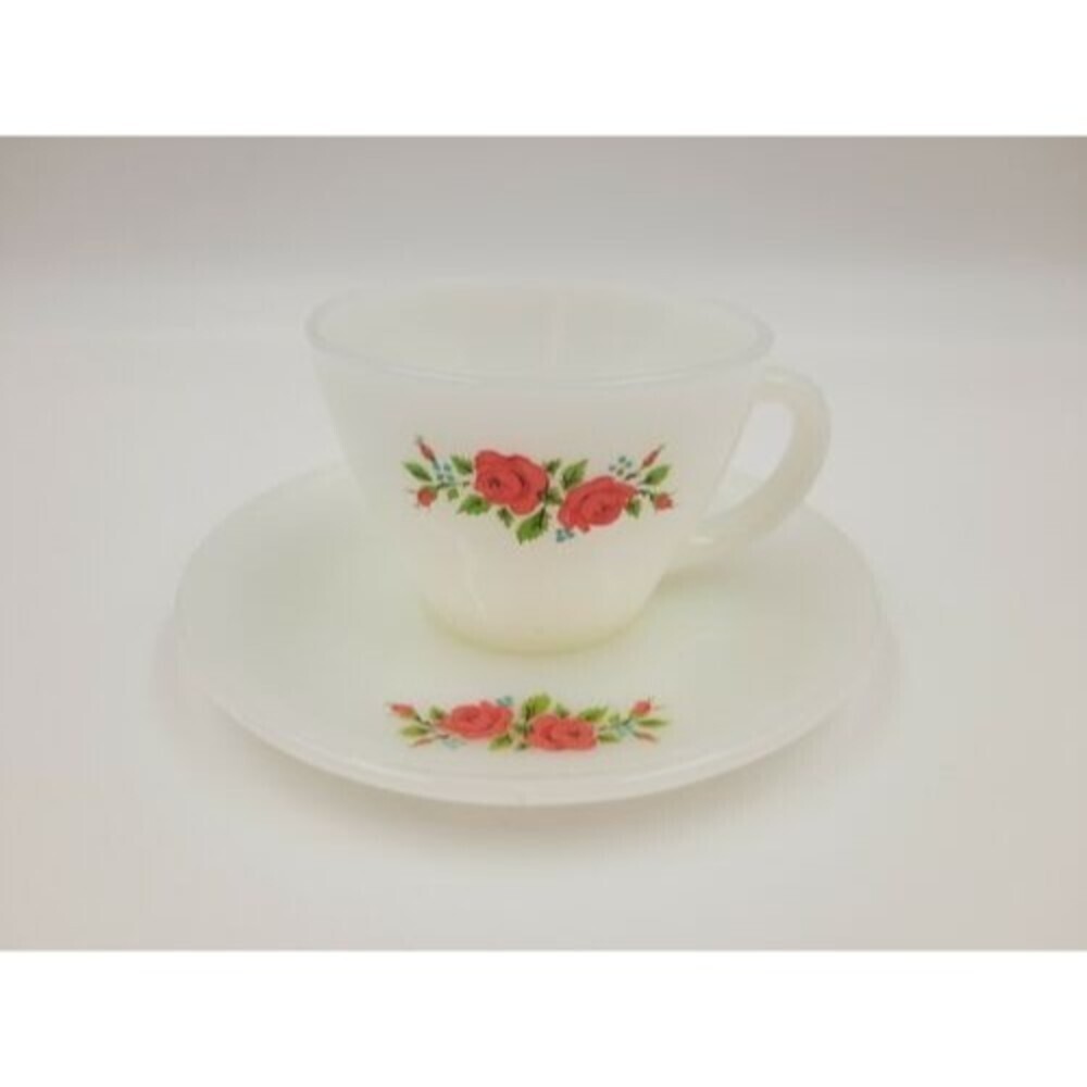 Anchor Hocking Fire King Roses Cup Coffee  Tea Cup And Saucer Vintage